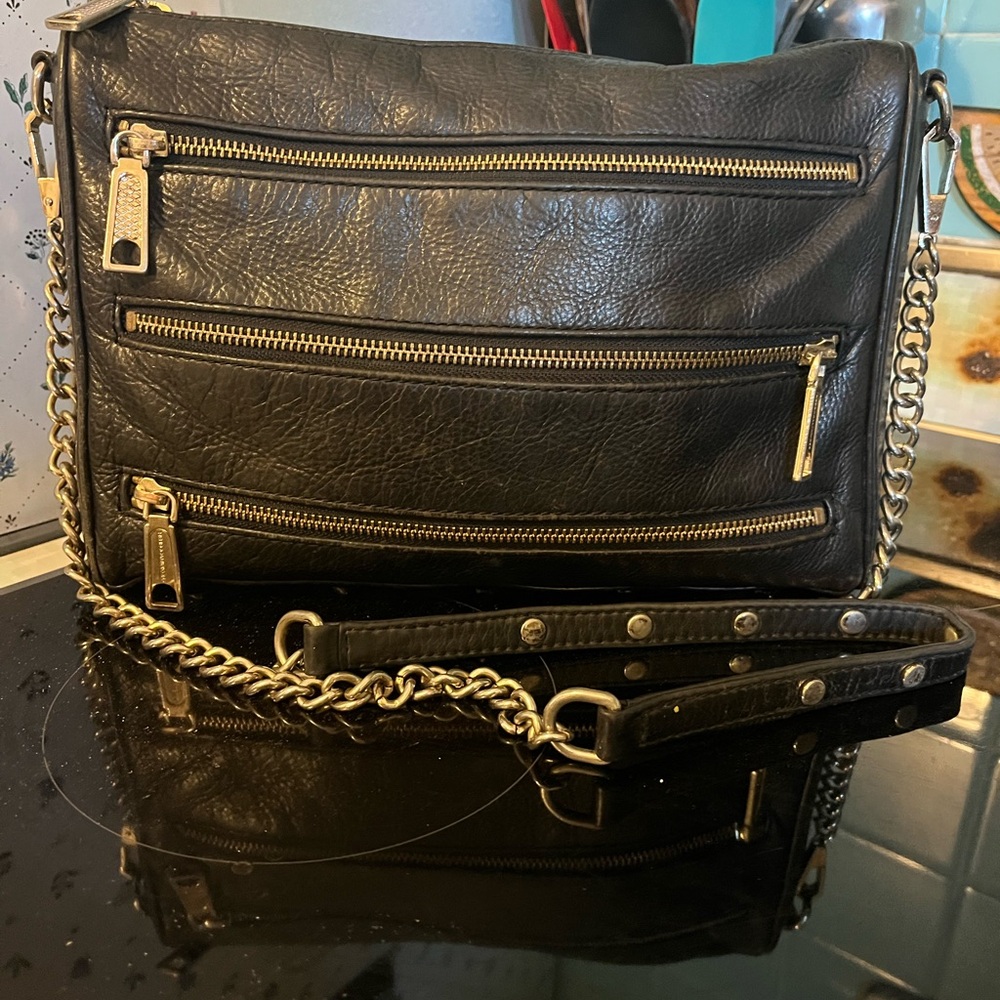 Rebecca Minkoff Black Leather Multi-Zip Crossbody Bag Chain Handbag